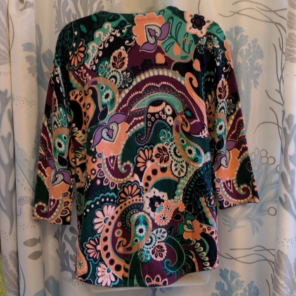 Isaac Mizrahi Live! Purple Paisley Cardigan Sweater 3/4 Length Sleeves, Sz S - Picture 4 of 11